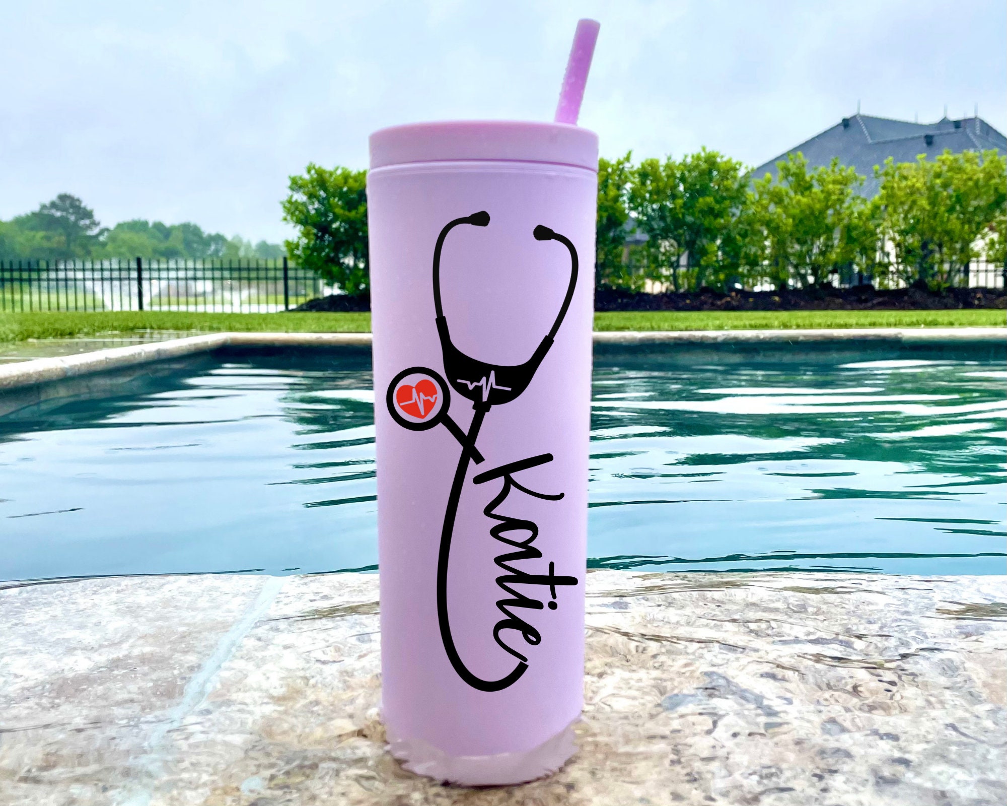 Personalized Heart Beat Tumbler - 20 Oz Skinny Stainless Steel With Lid & Straw | Nurse Doctor Medical Gift Blue Glitter