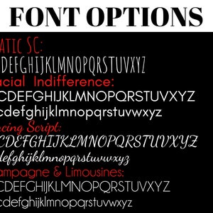 May include: A black background displays the text "FONT OPTIONS" in a bold, serif font. Below, four font options are presented: Amatic SC, Glacial Indifference, Dancing Script, and Champagne & Limousines, each with an alphabet example.