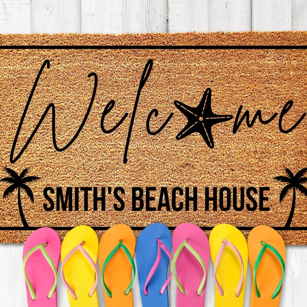 Personalized Beach Door Mat, Beach House Doormat, Beach Welcome Mat, Beach House Decor, Beach Themed Door Mats, Custom Welcome Mat, Tiki Hut