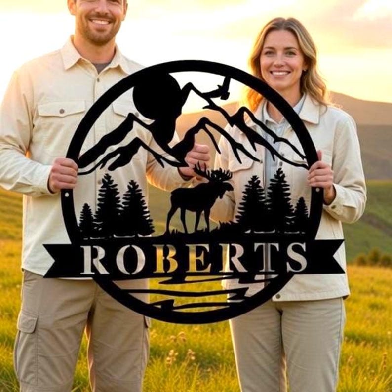 Custom Moose Metal Sign, Personalized Mountain Range Sign, Outdoor Metal Sign, Wildlife Scene, Mountain Home Wall Decor, Cabin Lodge Sign image 2
