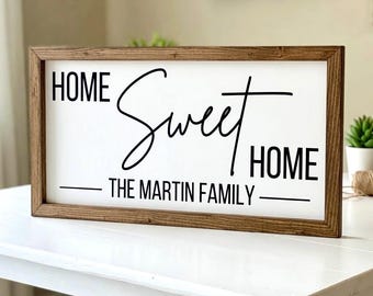 Home Sweet Home Sign, Wood Framed Sign, Home Wall Decor, Farmhouse Wall Decor, Home Sign, Personalized Family Name Sign, Living Room Signs