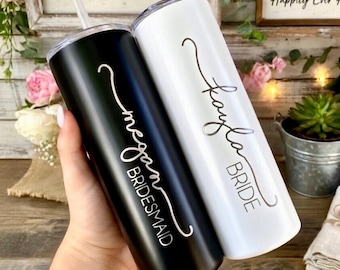 Engraved Bridesmaids Tumbler Personalized Tumbler for Bridesmaid Skinny Tumbler for Bride Tumbler for Bridal Party Bride Gift, Straw and Lid