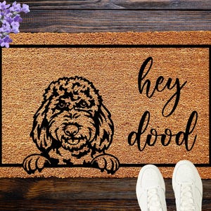 Doodle Dog Doormat, Goldendoodle Gifts, Labradoodle Doormat, Welcome Mat, Housewarming Gift, Doodle Mom Gift, Dog Lover Gift,Hey Dood Golden