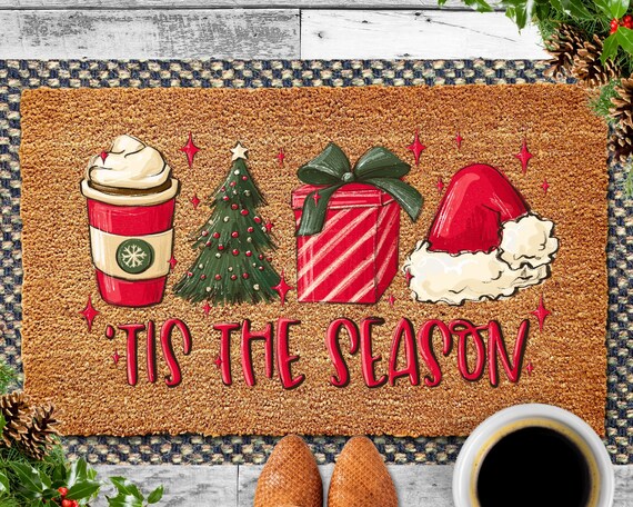 Tis The Season Christmas Doormat, Christmas Decor, Santa, Christmas Tree, Coffee, Winter Door Mat for Winter Decorations,Holiday Welcome Mat