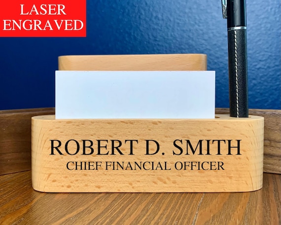 Business Card Holder for Desk with Personalized Etched Name Plate