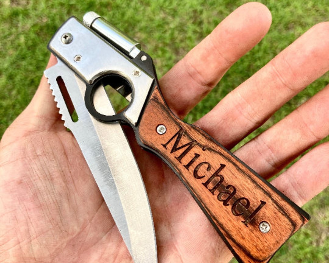 Bachelor Party Favors, Engraved Gun Knife, Gun Pocket Knife