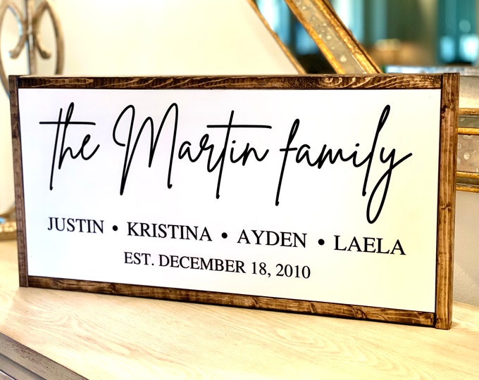 Personalized Printed Wood Family Name Sign with Kids Names and Established Date Framed