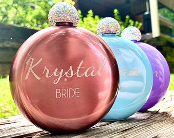 Glam Flasks for Women Bridesmaid Gifts Bachelorette Party Flasks Custom Flask Personalized Flask Engraved Flask Round Flask Rhinestone Jewel