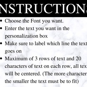 May include: Black and white graphic with the word "INSTRUCTIONS" at the top. Bullet points detail how to personalize text, including font selection, text entry, and line labeling. It specifies a maximum of 3 text rows, 20 characters per row, and centered alignment.