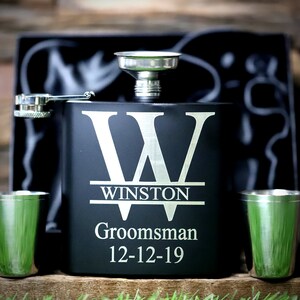 Personalized Flask for Groomsmen, Flask for Men, Groomsmen Gift, Cheap Groomsman Gift, Matte Black Flask,Engraved Flask Set Personalized