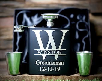 Personalized Flask for Groomsmen, Flask for Men, Groomsmen Gift, Cheap Groomsman Gift, Matte Black Flask,Engraved Flask Set Personalized