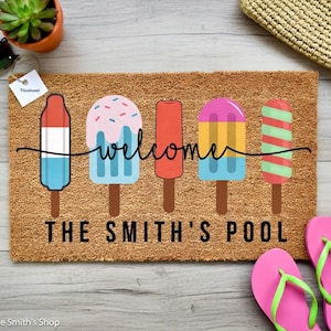 Felpudo personalizado de bienvenida con diseño de paleta de helado, felpudo de verano, felpudo del 4 de julio, decoración de verano, decoración de porche de verano, decoración de piscina exterior de verano