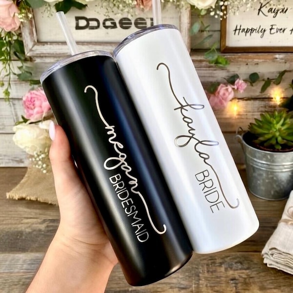 Vaso delgado personalizado grabado para dama de honor con pajita, vaso delgado para la novia, vaso delgado personalizado para dama de honor, regalo