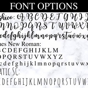 May include: A graphic displaying font options. The text "FONT OPTIONS" is at the top. Three font styles are shown: Joshico, Times New Roman, and AMATIC SC. Each font includes uppercase and lowercase letters, displayed in black against a marble background.
