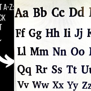 May include: A black and white image showing the alphabet in a block font. The letters are in uppercase and lowercase. The text "FONT A-Z: BLOCK FONT" is at the top of the image.