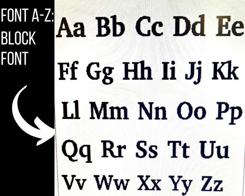 May include: A black and white image showing the alphabet in a block font. The letters are in uppercase and lowercase. The text "FONT A-Z: BLOCK FONT" is at the top of the image.