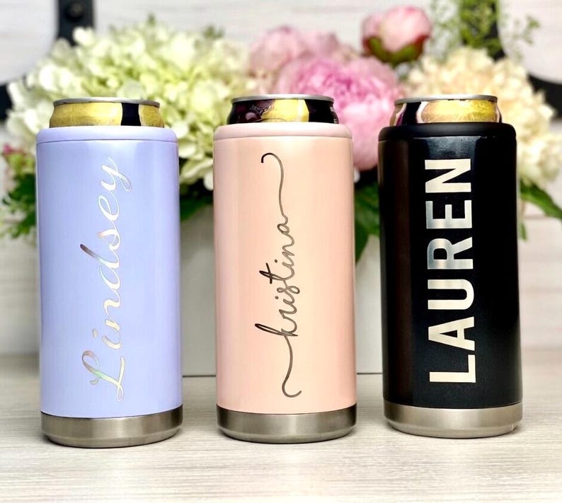 Custom Skinny Can Cooler, Personalized Skinny Can Cooler, Engraved Can Cooler, Slim Can Cooler, Stainless Steel Can Cooler, Bridesmaid Gifts image 1