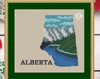 Alberta landschap kruissteekpatroon pdf, Canadese Rockies borduurontwerp, Mountain River natuur borduurnaald, Canada Travel Home Decor