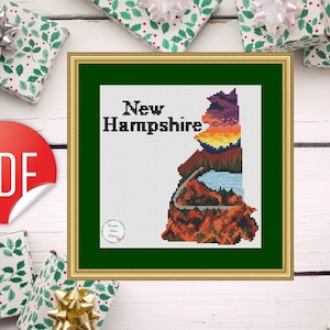 New Hampshire State Cross Stitch Pattern - Beautiful DIY Landscape Embroidery of Scenic New England, Silhouettes states, Instant PDF