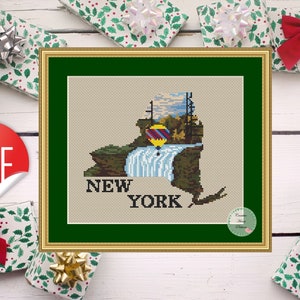 Patrón de punto de cruz del estado de Nueva York (PDF), diseño de bordado del mapa de EE. UU., gráfico de punto de cruz contado de NY, descarga instantánea, punto de cruz escénico