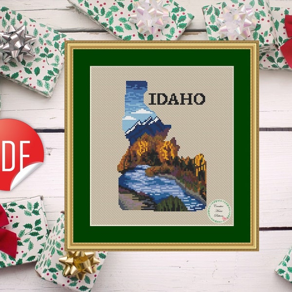 Idaho state cross stitch pattern, nature counted cross stitch chart, river, forest, fall, easy landscape embroidery, instant download PDF