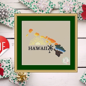 Hawaii US state cross stitch pattern, nature counted cross stitch chart, sea cross stitch, sunset, easy, watercolor embroidery, instant PDF