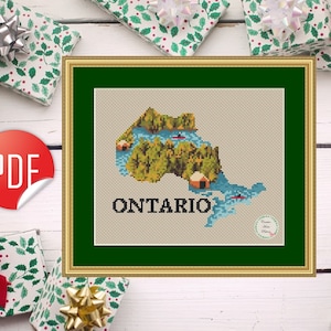 Patrón de punto de cruz moderno de Ontario, Canadá, diseño de bordado de provincia canadiense, descarga instantánea en PDF, bordado DIY, punto de mapa de Canadá