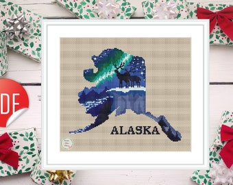 Alaska Northern Lights Cross Stitch Pattern: Landscape Embroidery (PDF Pattern)