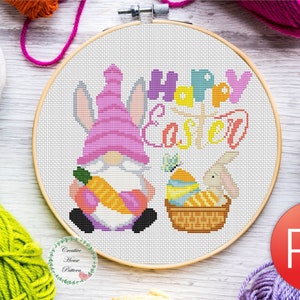 Easter gnome cross stitch pattern, Easter bunny cross stitch, Happy Easter cross stitch, spring holiday cross stitch, instant download PDF