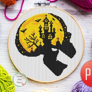 Human Skull Silhouette Spooky Halloween Cross Stitch Pattern – PDF Instant Download, Scary cross stitch, Skeleton pattern, Macabre art