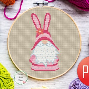 Easter Gnome Bunny Cross Stitch Pattern PDF, Cute Spring Gnome Embroidery, Easy Easter Counted Cross Stitch Chart, DIY Easter Home Decor