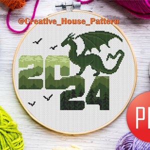 Dragon cross stitch pattern, 2024 Green Dragon Year cross stitch, instant PDF, dragon silhouette, green landscape cross stitch image 1