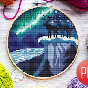 Northern Lights Landscape Cross Stitch Pattern – Aurora Borealis PDF Pattern, Instant Download, Adventure embroidery, Night sky Cross Stitch