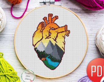 Heart cross stitch pattern, anatomy cross stitch, anatomical embroidery, modern cross stitch, science cross stitch, medical cross stitch