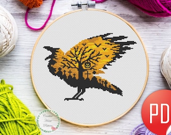 Crow Silhouette Cross Stitch Pattern – Halloween Gothic Embroidery PDF Download, Scary cross stitch, Halloween cross stitch gift