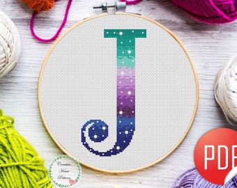 Letter J cross stitch pattern, starry night cross stitch, counted cross stitch, alphabet cross stitch, initial cross stitch easy, monogram j