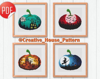 Pumpkin cross stitch pattern SET, Halloween cross stitch, spooky cross stitch, horror cross stitch, Halloween landscape embroidery