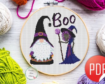 Halloween gnome cross stitch pattern, modern counted cross stitch chart, scary, fall holiday, embroidery, witch, Halloween gift, instant PDF