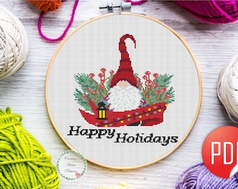 Gnome cross stitch pattern, christmas modern counted cross stitch chart, Christmas ornament, holiday embroidery, instant PDF