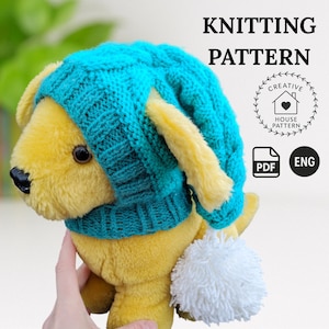 Knitting pattern dog hat, modern knitting pattern PDF English, pom-pom dog hat pattern, knit dog hat pattern, knitted dog hat, knit pet hat
