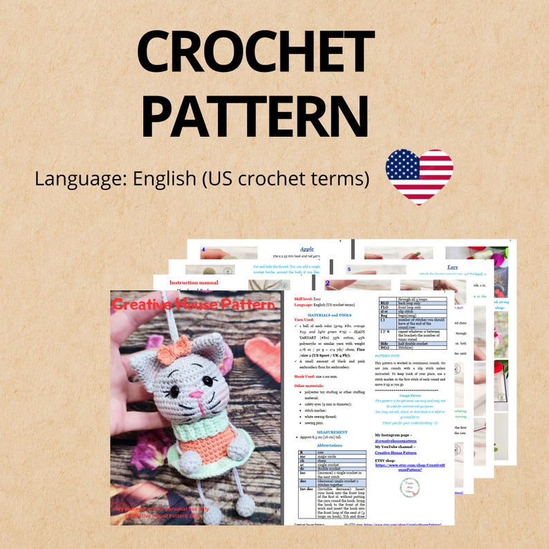 Peut inclure: Un patron de crochet intitul&eacute; "CROCHET PATTERN" avec le texte "Creative Mouse Pattern" est pr&eacute;sent&eacute;. L'image montre un jouet souris crochet&eacute; fini avec un n&oelig;ud rose, ainsi que des instructions et des diagrammes d&eacute;taill&eacute;s.
