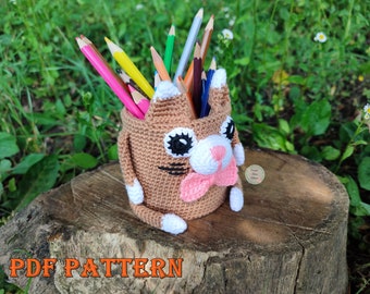 Amigurumi cat pencil holder crochet pattern, cat crochet, candy bowl crochet, hook holder crochet, cat pen stand crochet, instant PDF