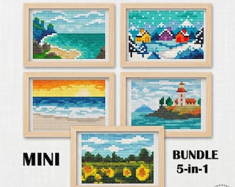 Mini Landscape Cross Stitch Pattern Bundle, 5 Modern Embroidery Designs for Wall Art