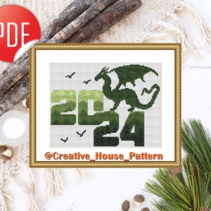Dragon cross stitch pattern, 2024 Green Dragon Year cross stitch, instant PDF, dragon silhouette, green landscape cross stitch image 4