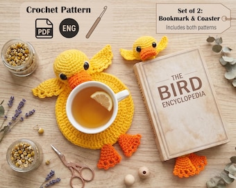 Duck Bookmark and Coaster Crochet Pattern, Amigurumi Book Accessories PDF, Reading Gift Crochet Set, Animal Mug Rug
