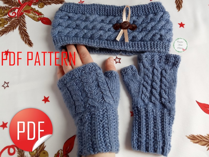 Knitting pattern SET, fingerless gloves pattern, fingerless mitts pattern, headband knitting pattern, modern knitting pattern, knit headband image 1