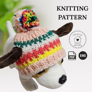 Dog hat KNITTING PATTERN PDF English, pom-pom dog hat pattern, knit dog hat pattern, modern knitting pattern, knitted dog hat, knit pet hat
