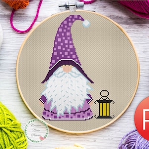 Christmas Gnome with Flashlight Cross Stitch Pattern – Festive DIY Embroidery PDF, Winter Cross Stitch, Christmas ornaments, Merry Christmas