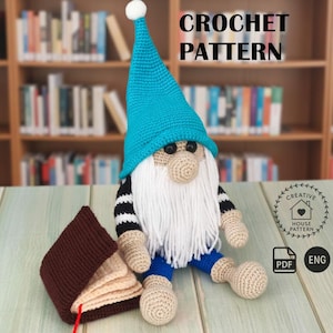 Patrón de crochet para gnomo lector amigurumi (inglés), tutorial para gnomo amante de los libros, patrón de muñeco gnomo DIY, regalo de crochet para ratones de biblioteca, descarga en PDF