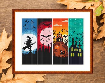 Halloween Bookmarks Cross Stitch Pattern Set: Spooky Witch Designs (PDF Download)